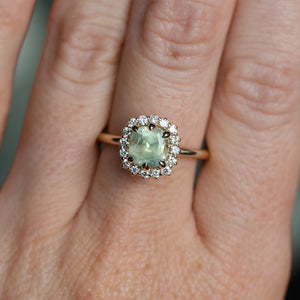 2.18ct"Old Mine Cushion" cut Silky Light Green Montana Sapphire Antique-Style Diamond Halo Ring in 14k Yellow Gold