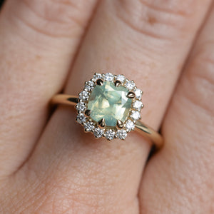 2.18ct"Old Mine Cushion" cut Silky Light Green Montana Sapphire Antique-Style Diamond Halo Ring in 14k Yellow Gold