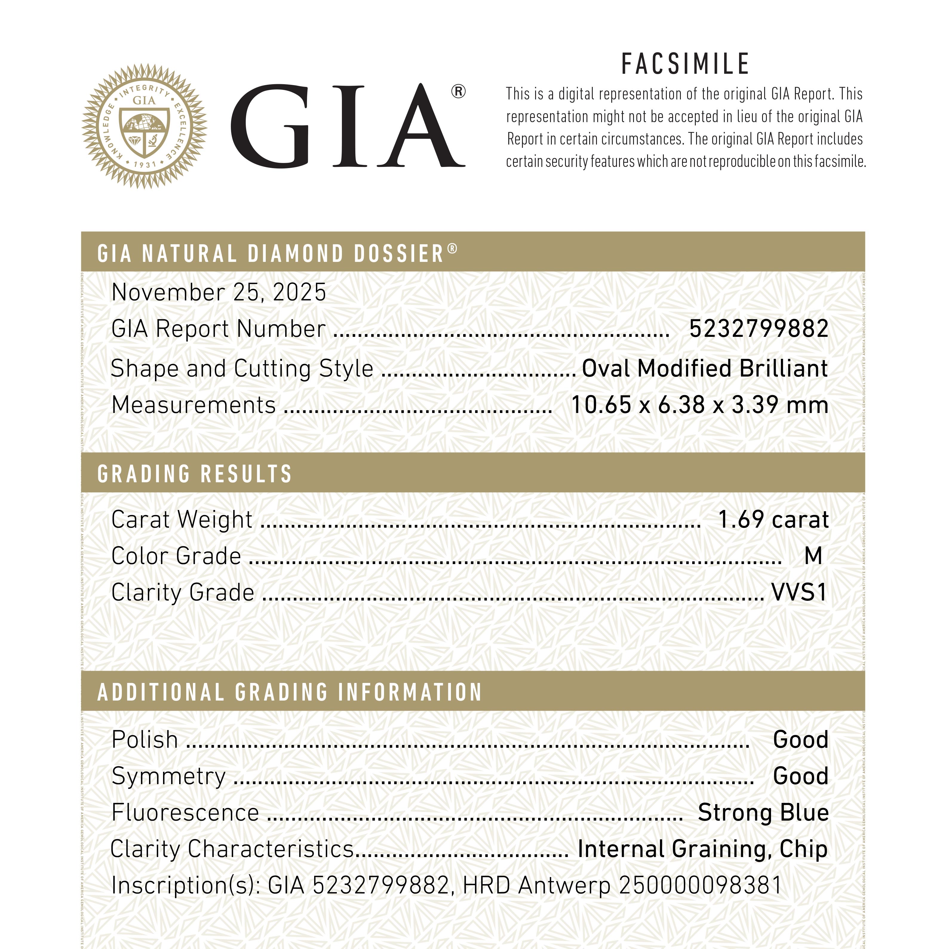 1.69ct 10.64x6.37x3.38mm GIA VVS1 M Modern Antique Moval Brilliant 27404-01