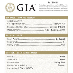 0.68ct 5.66x5.55x3.43mm GIA VS1 K Antique Old European Cut 24419-01