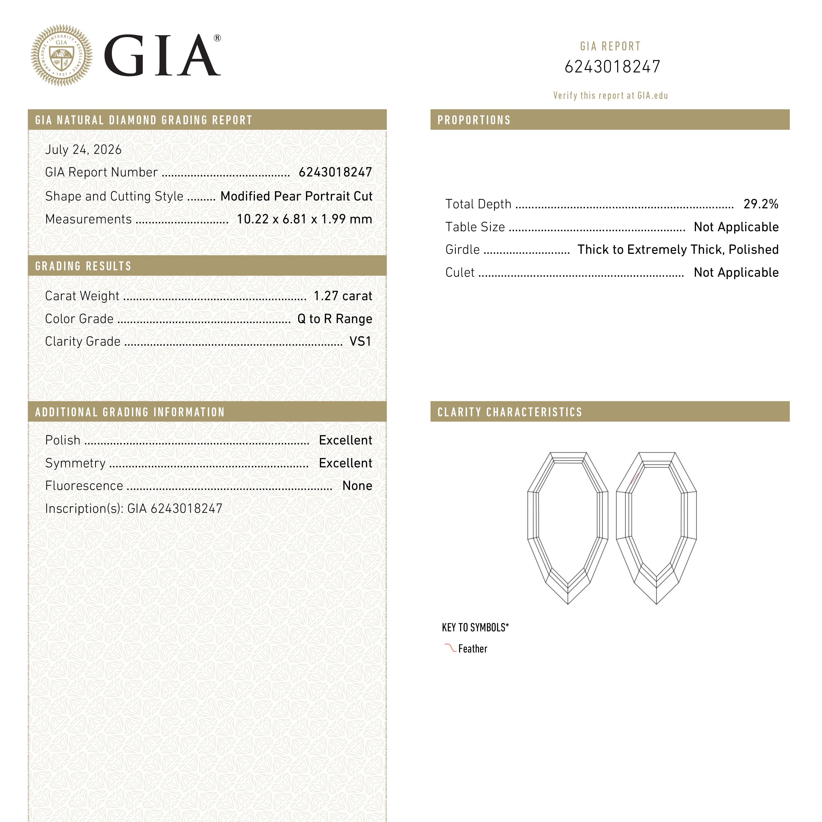 1.27ct 10.22x6.81x1.99mm GIA VS1 Q-R Geo Pear Portrait Cut 28329-01