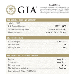 0.94ct 10.64x7.04x1.06mm GIA VS2 D Flame Portrait Cut 26745-01