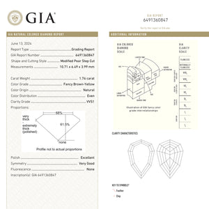 1.76ct 10.71x6.49x3.98mm GIA VVS2 Fancy Brown-Yellow Geo Pear Step Cut 25348-01 🇨🇦
