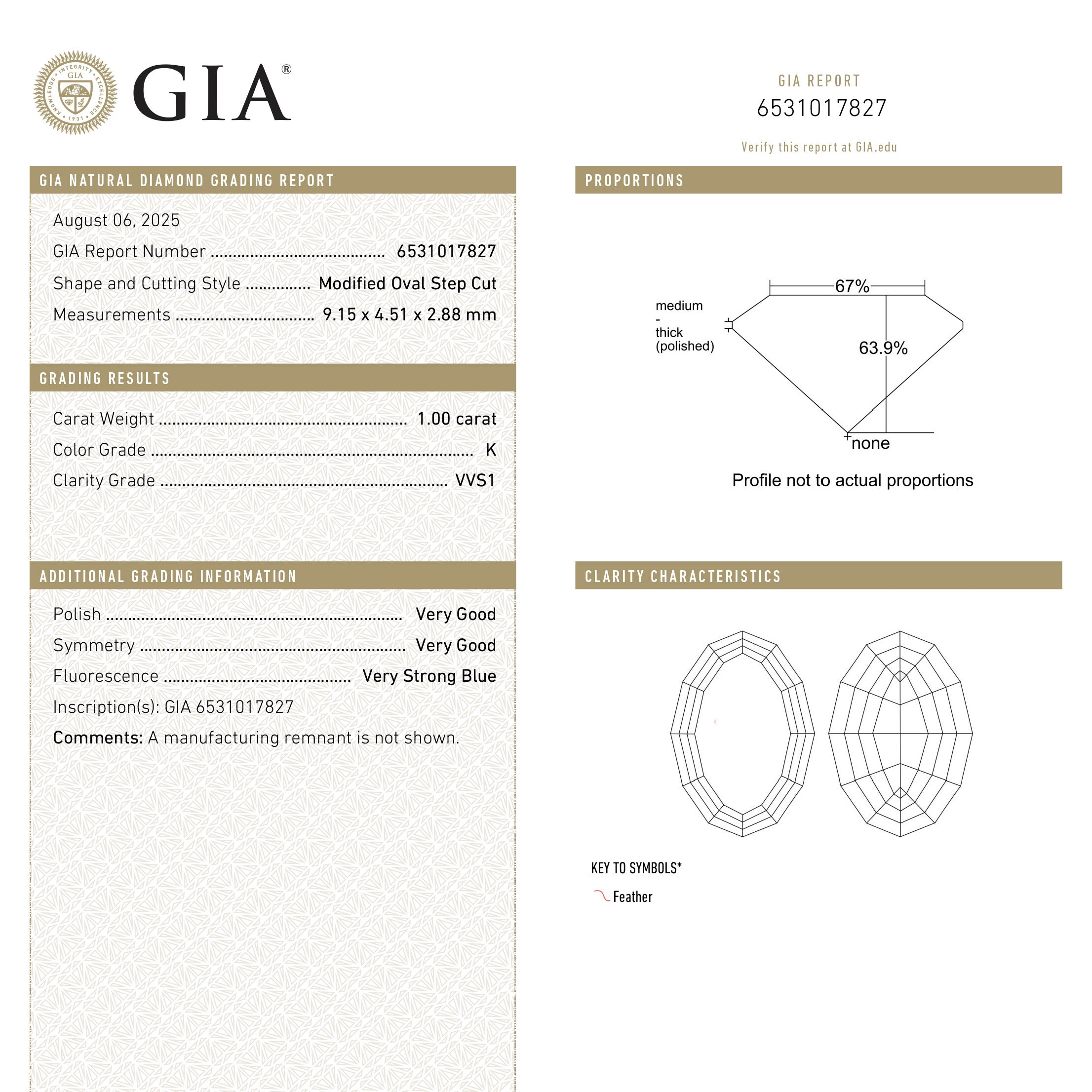 1.00ct 9.15x4.51x2.88mm GIA VVSI K Geo Oval Step Cut 28330-01