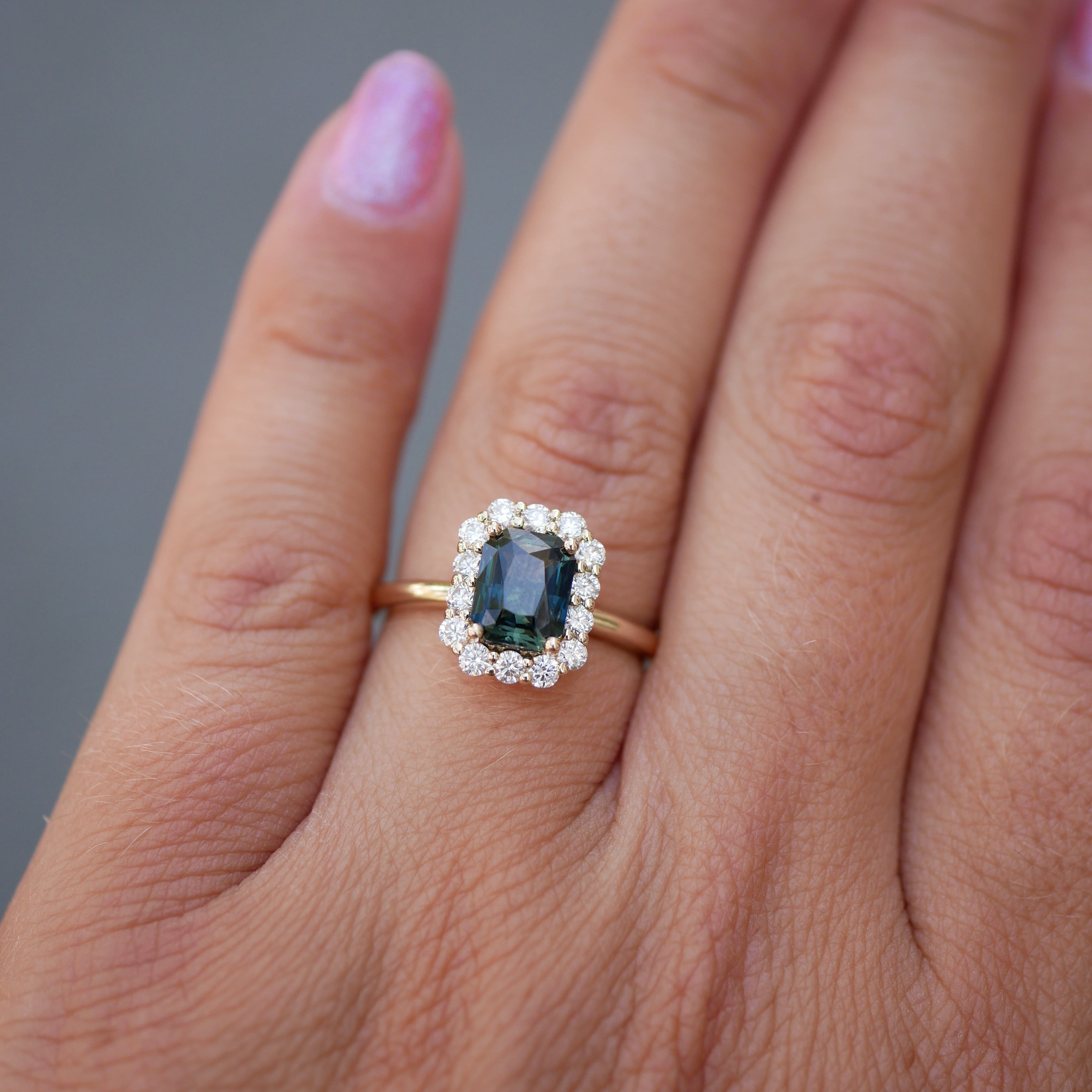 1.62ct Cut Corner Rectangle Step Cut Sapphire<br><b> Emily Warden Designs </b>| Teal Sapphire Diana Ring