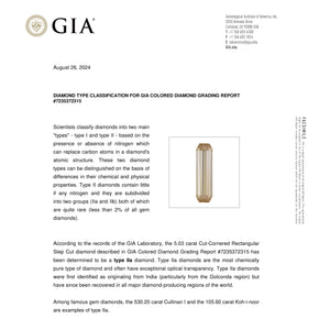 5.03ct 20.40x5.69x4.13mm GIA Type IIa VVS1 Fancy Yellow-Brown Cut Corner Rectangle Step Cut 25954-01