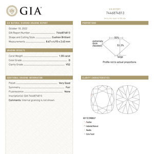 1.00ct 8.67x4.93x2.63mm GIA VS2 D Cushion Brilliant 25151-01