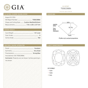 1.01ct 7.54x4.83x3.27mm GIA VS2 H Cushion Brilliant 28347-01