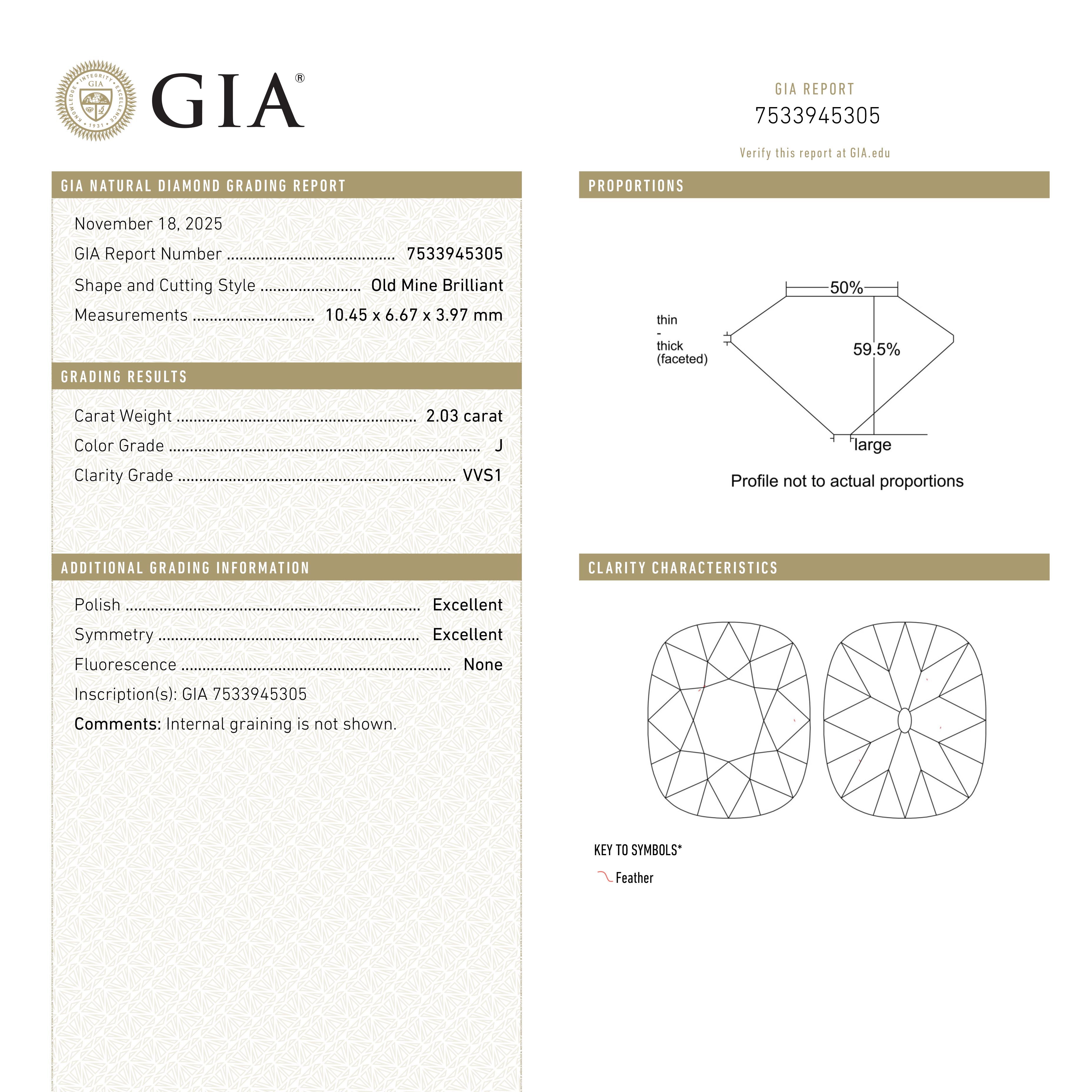 2.03ct 10.46x6.66x3.96mm GIA VVS1 J Modern Antique Old Mine Cut 🇨🇦 27399-01