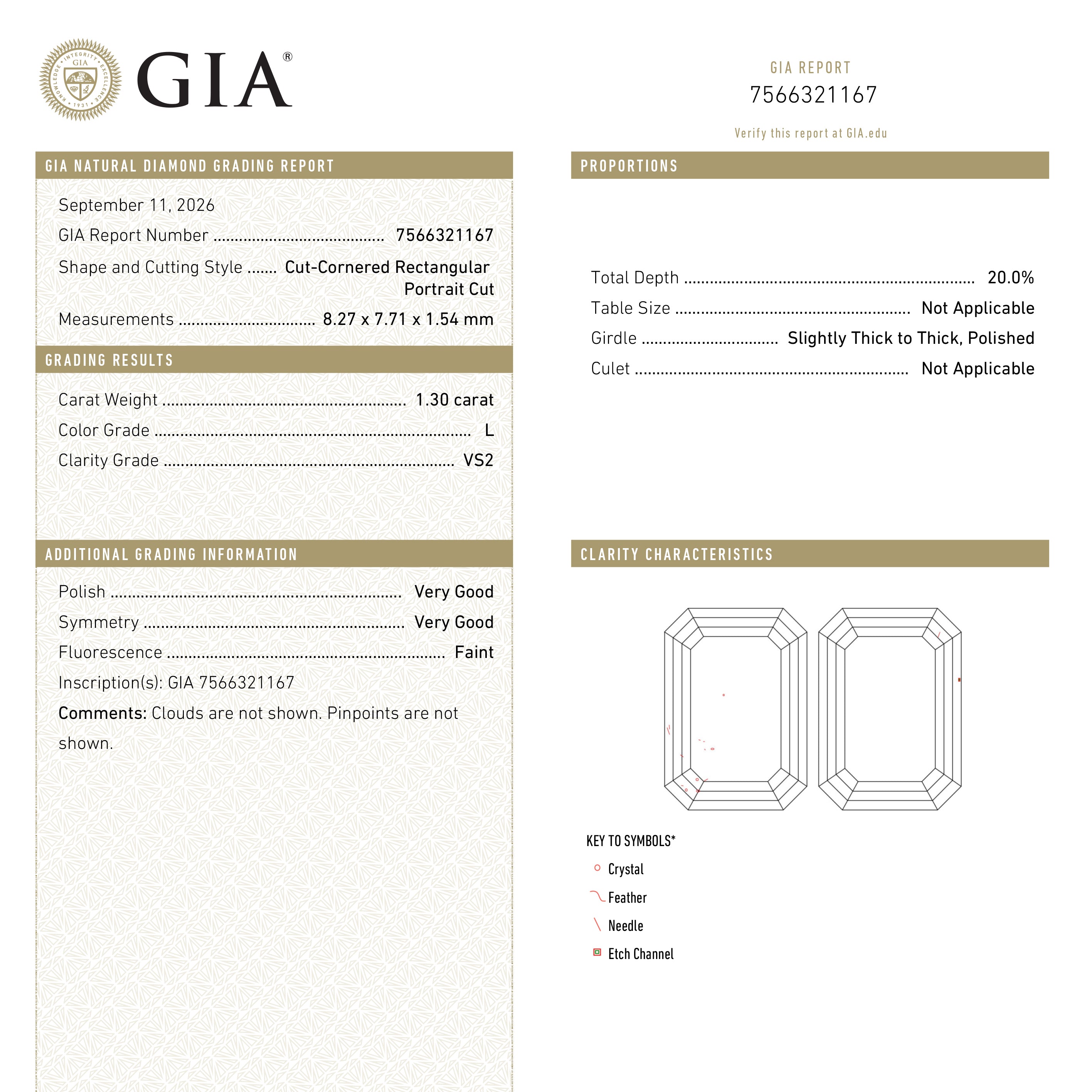1.30ct 8.27x7.71x1.54mm GIA VS2 L Cut Corner Square Portrait Cut 28328-01