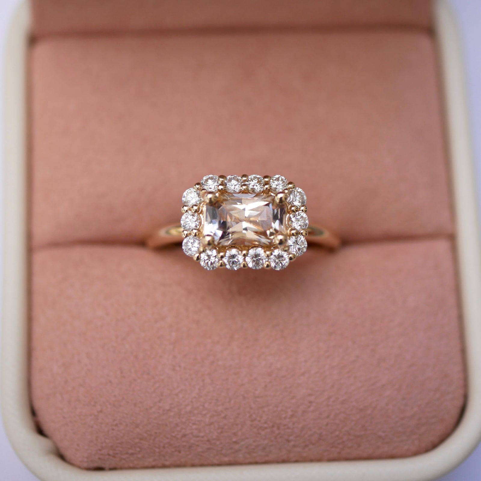 1.16ct Cut Corner Rectangle Brilliant Sapphire<br><b> Emily Warden Designs </b>| Peach Sapphire Diana Ring