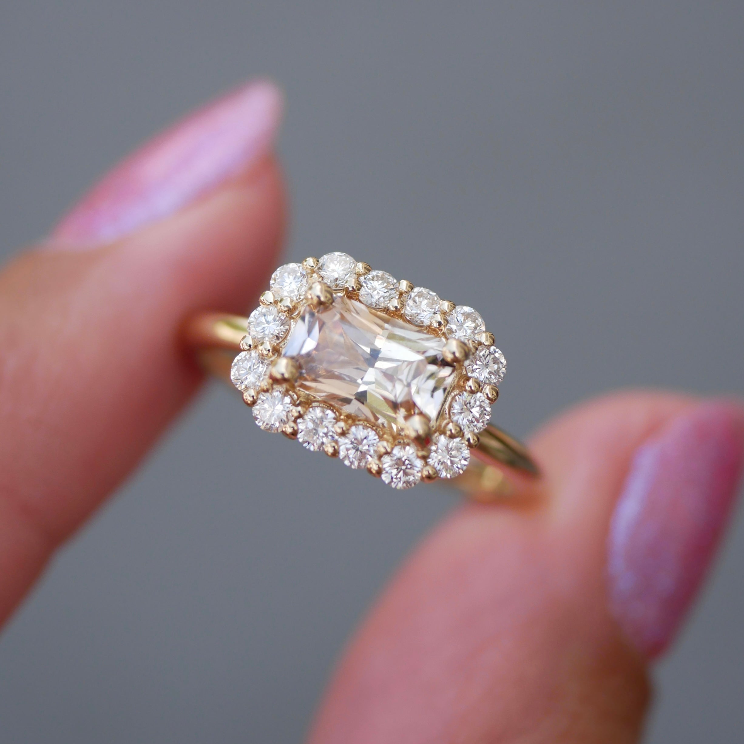 1.16ct Cut Corner Rectangle Brilliant Sapphire<br><b> Emily Warden Designs </b>| Peach Sapphire Diana Ring