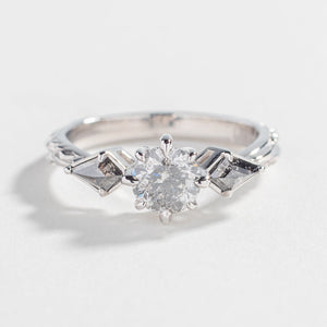 one of a kind engagement ring with salt and pepper diamonds round diamond kite shape alternative engagement