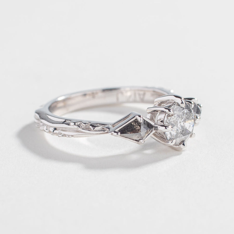 one of a kind engagement ring with salt and pepper diamonds round diamond kite shape alternative engagement