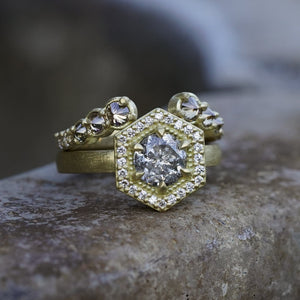 Salt & pepper diamond in a matte finish gold wedding set with natural diamonds and milgrain detailing