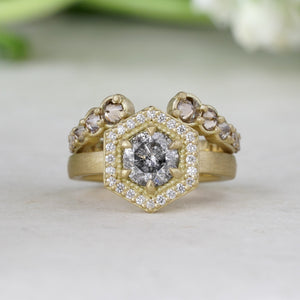 Salt & pepper diamond in a matte finish gold wedding set with natural diamonds and milgrain detailing