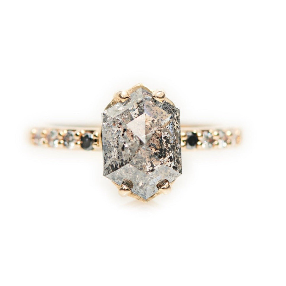 Grace | 3.05ct Elongated Hexagon Salt & Pepper Diamond Engagement Ring with Ombre Diamond Pave Band - MTD