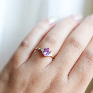 Hexagon Cut Pink Sapphire Ring on hand