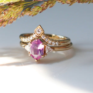 Hexagon Cut Pink Sapphire Ring with crown diamond gold band detailed quarter side view