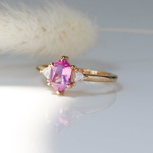 Hexagon Cut Pink Sapphire Ring with feather and reflection
