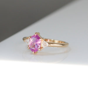 Hexagon Cut Pink Sapphire Ring quarter side view