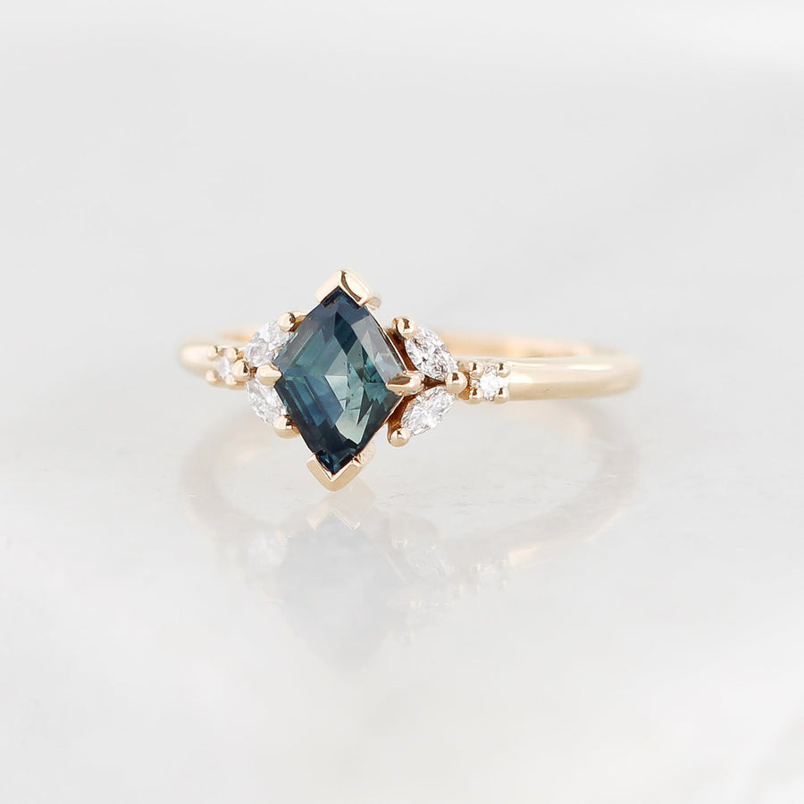 1.25ct Lozenge Step Cut Sapphire <br><b> Yuliya Chorna Jewellery </b>| Folia Teal Sapphire Ring