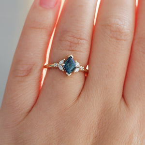 1.25ct Lozenge Step Cut Sapphire <br><b> Yuliya Chorna Jewellery </b>| Folia Teal Sapphire Ring