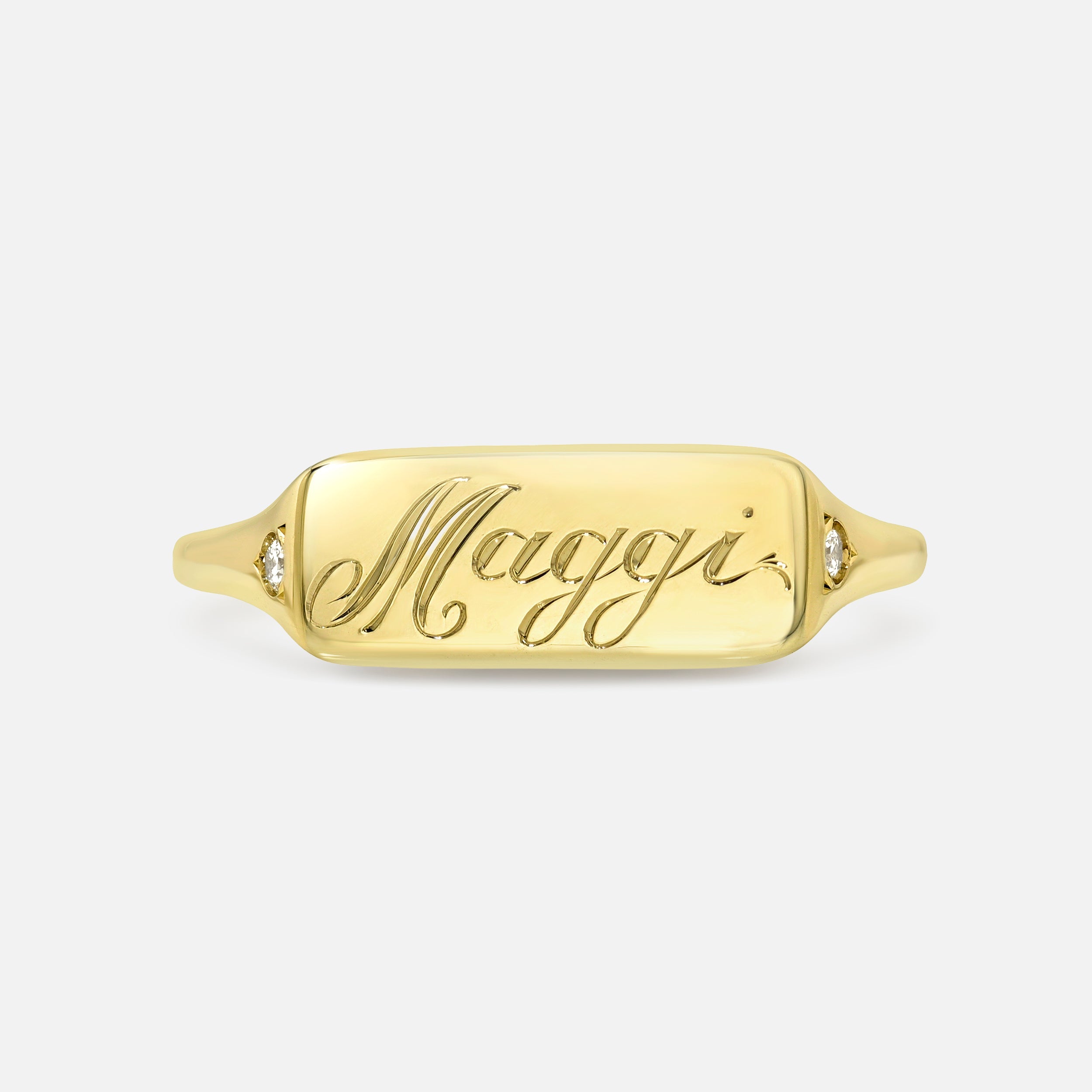 0.02cttw Round Brilliant <br><b> Maggi Simpkins </b>| Name Plate Skinny Signet Ring