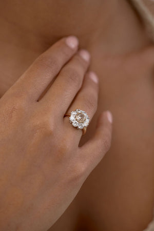 1.54ct Cushion Double Cut <br><b>June Rings</b> | Champagne Floral Cluster