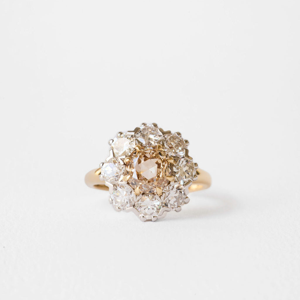 1.54ct Cushion Double Cut <br><b>June Rings</b> | Champagne Floral Cluster