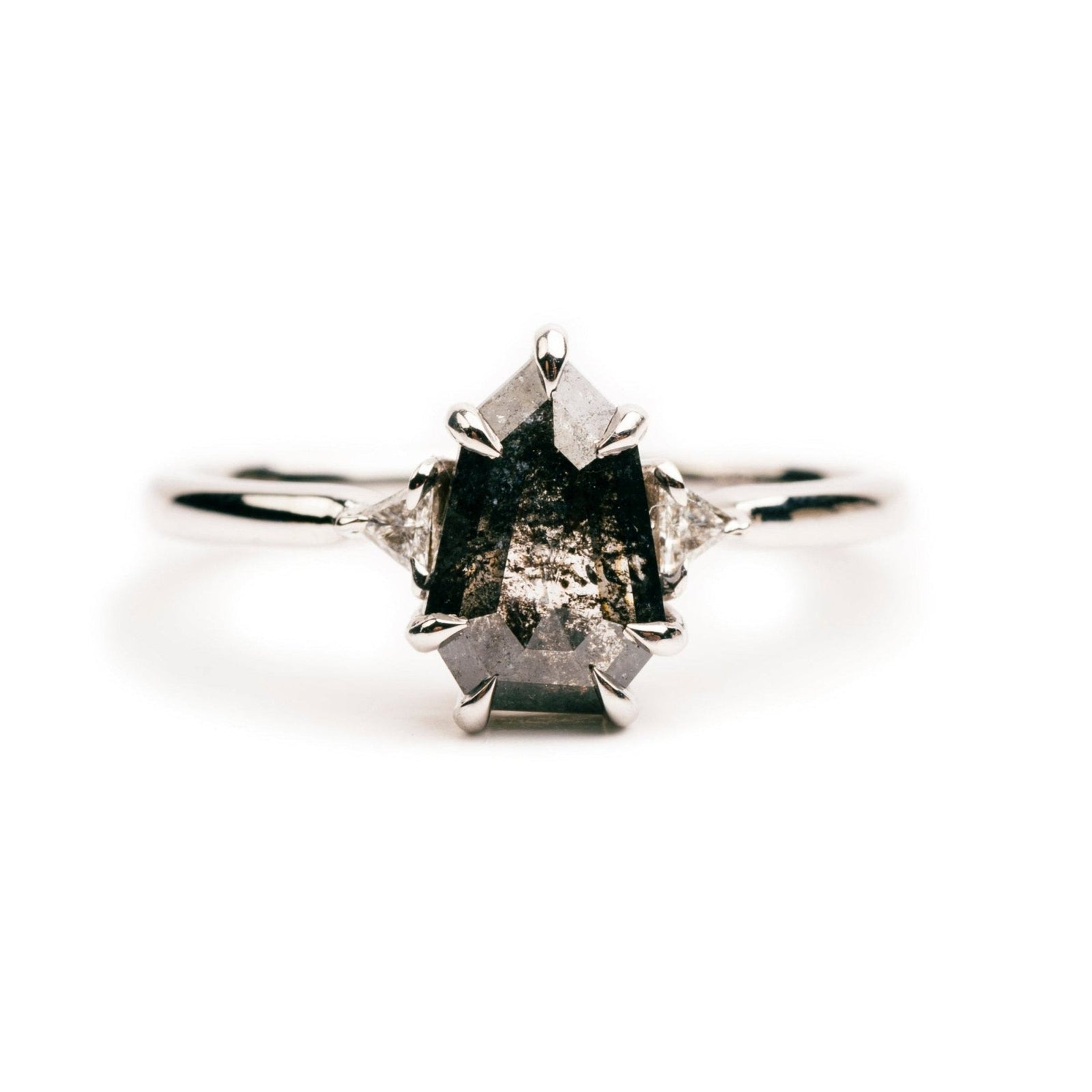 Jacqueline Salt and Pepper Sheild Diamond Engagement Ring Three Stone - MTD