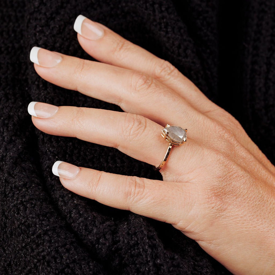 Silver Pear Salt and Pepper Diamond Engagement Ring with Hammered Band - MTD