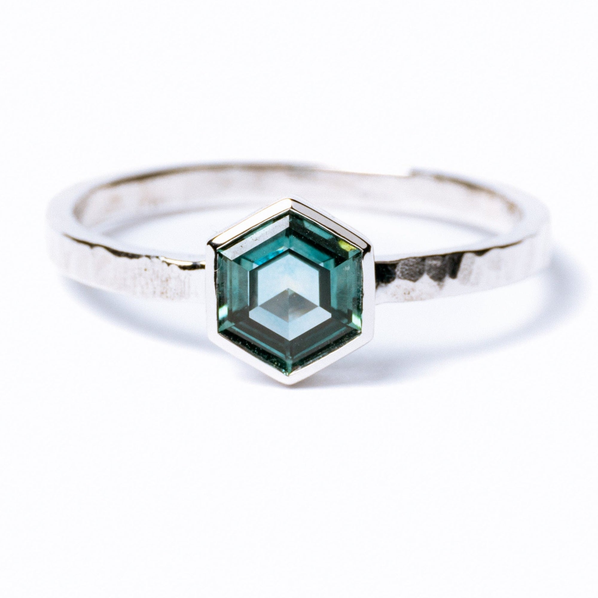 Teal Hexagon Sapphire Engagement Ring with Bezel Setting and Hammered Band - MTD