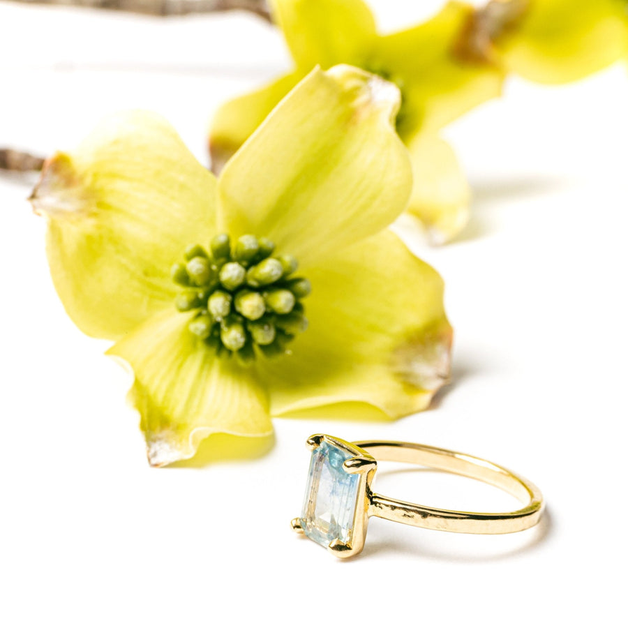 Baby Blue Sapphire Emerald Cut Engagement Ring with Hammered Band - MTD