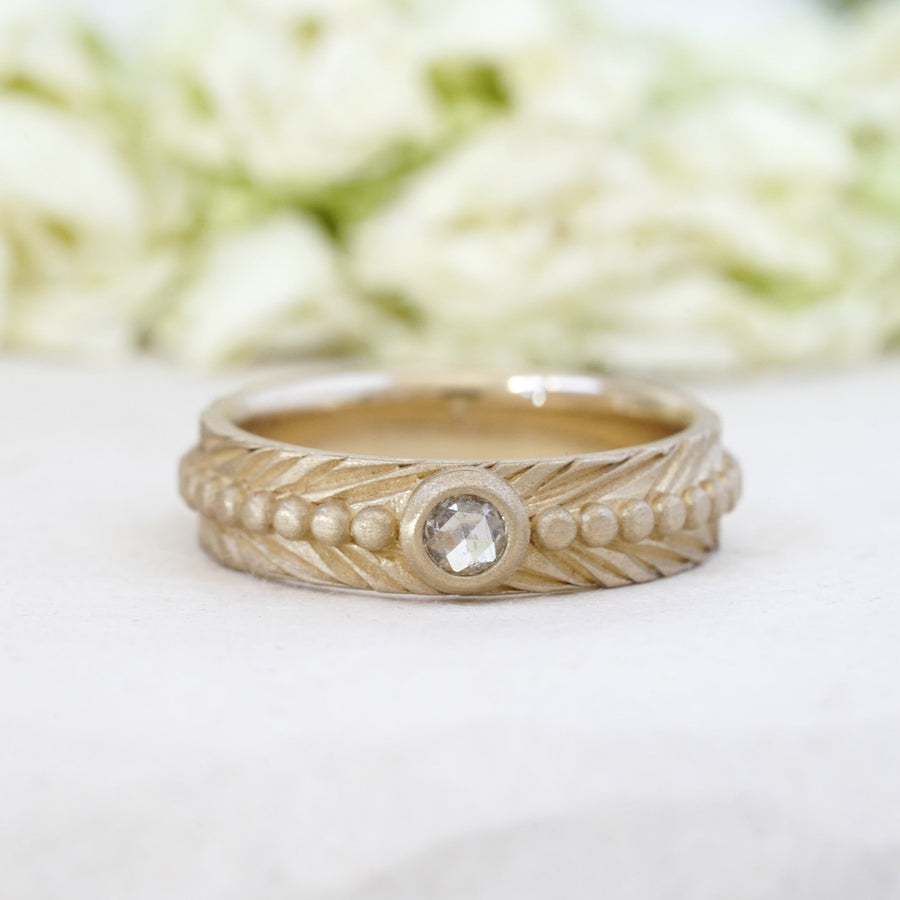 salt and pepper rose cut wedding band in matte 14k white gold finish