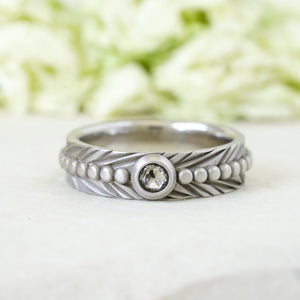 salt and pepper rose cut wedding band in matte 14k white gold finish