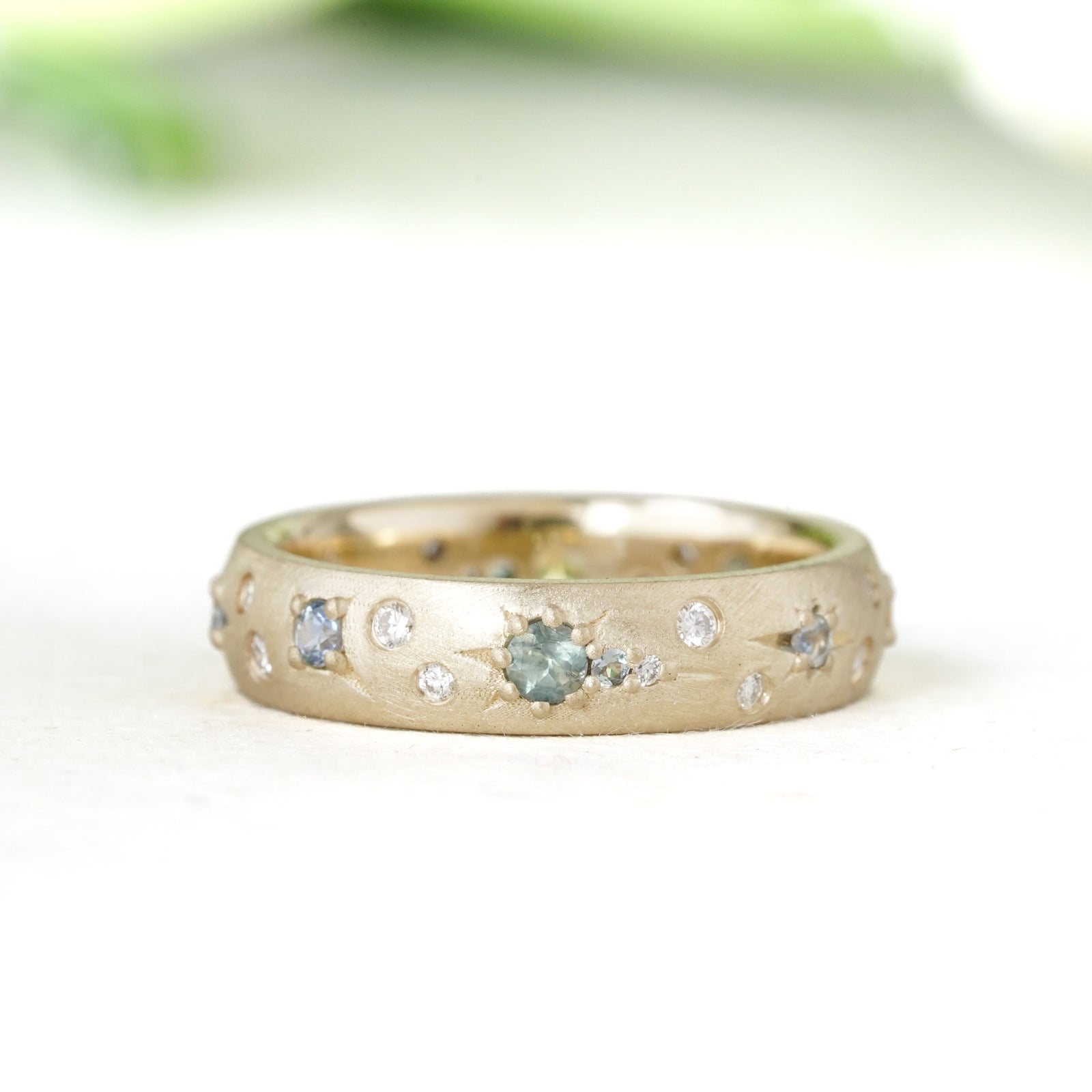 14k satin finish celestial sapphire and diamond wedding band