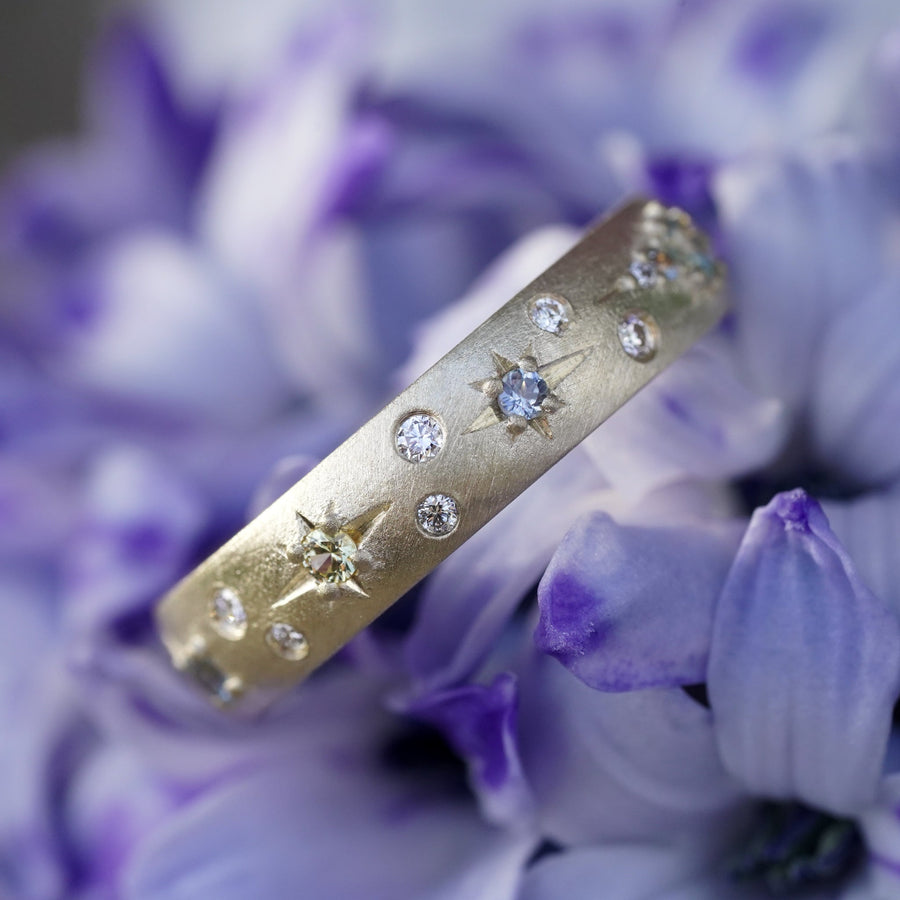 14k satin finish celestial sapphire and diamond wedding band