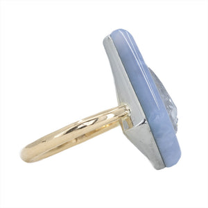 2.39 Kite Rosecut Diamond and Blue Agate Gemstone Halo Ring in Two Tone Gold side angle