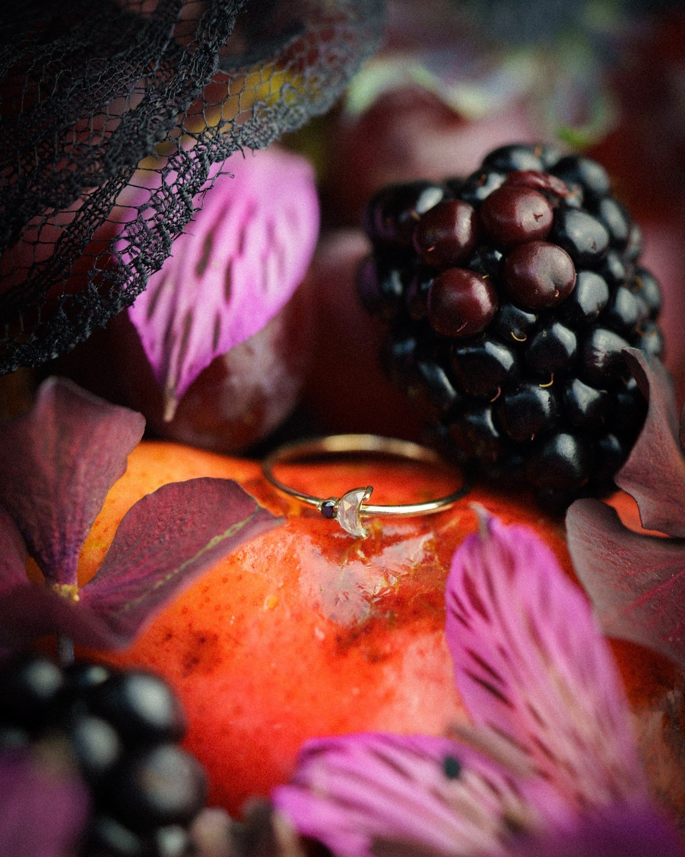 Luna Arktos Ring with salt & pepper diamond crescent moon and black diamond