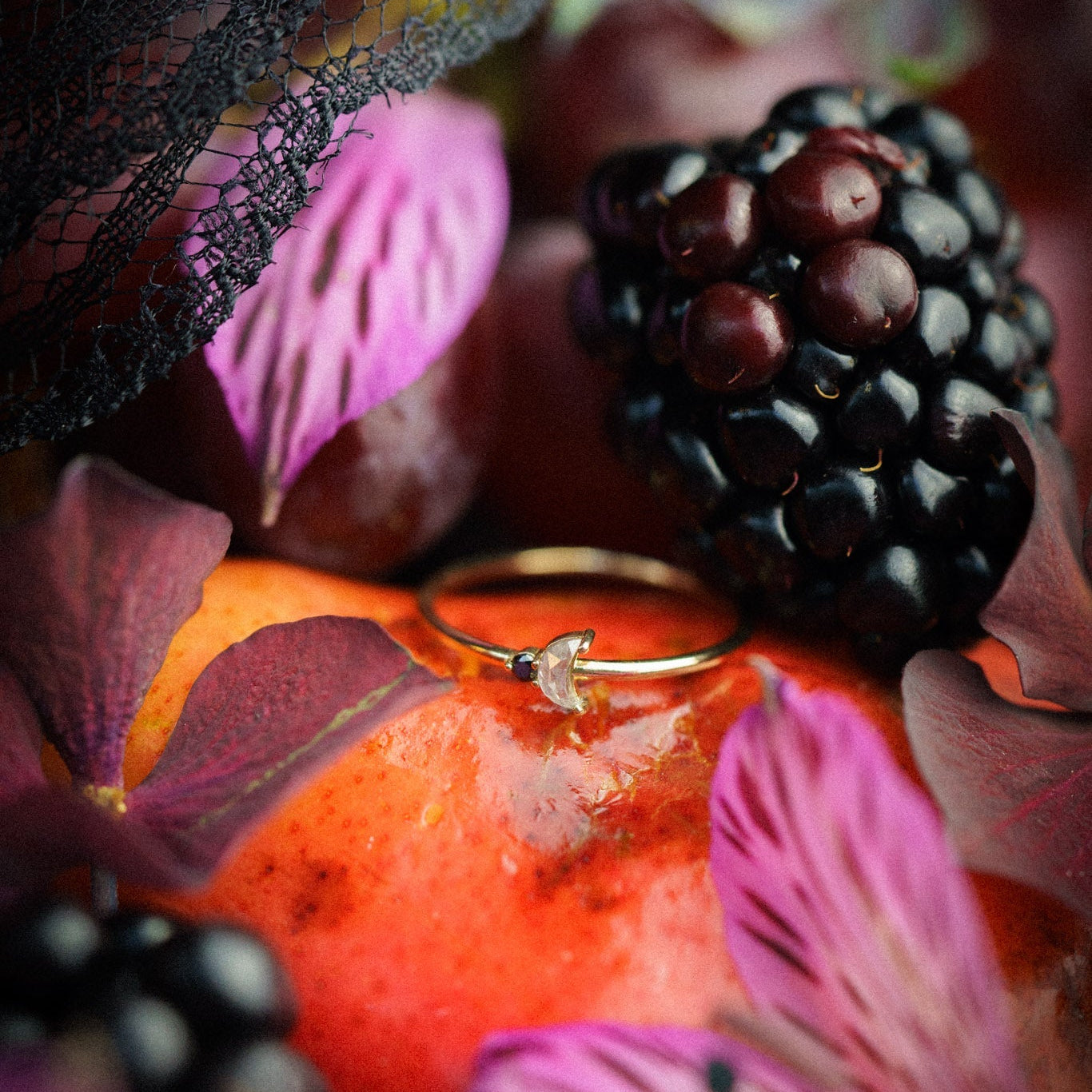 Luna Arktos Ring with salt & pepper diamond crescent moon and black diamond