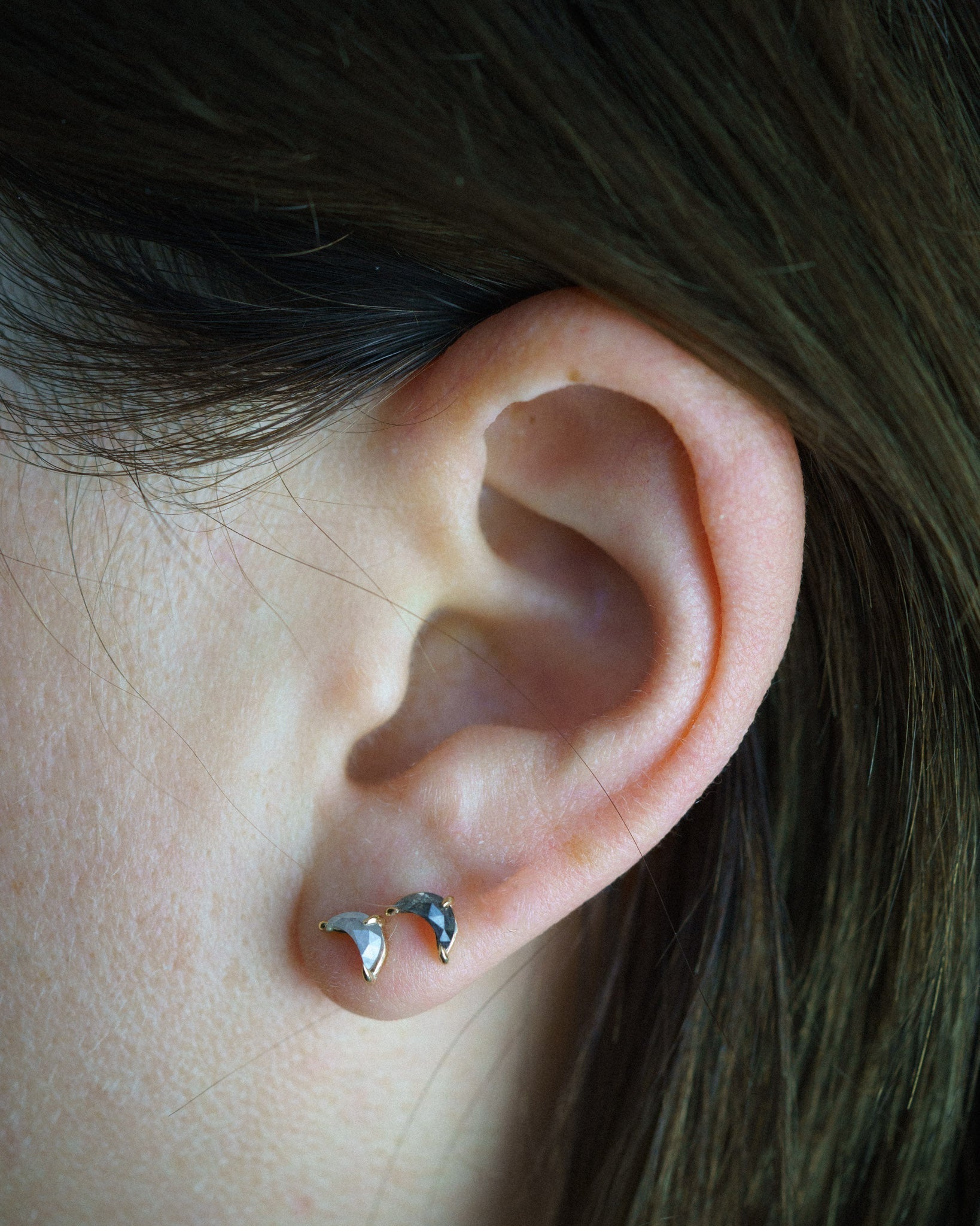Dark & Light Luna Studs made from salt & pepper diamonds