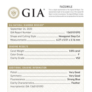 0.85ct 6.27x5.51x3.16mm GIA VS2 F Hexagon Step Cut 19019-01 - Misfit Diamonds
