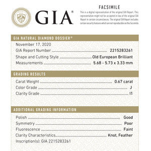 0.67ct 5.73x5.68x3.33mm GIA I1 J Antique Old European Cut 18830-01 - Misfit Diamonds